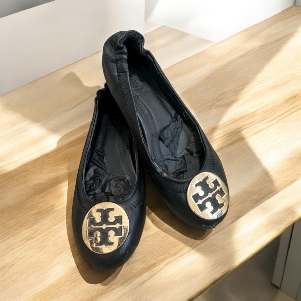 Black Flats with Gold Emblem - Picture 1 of 5